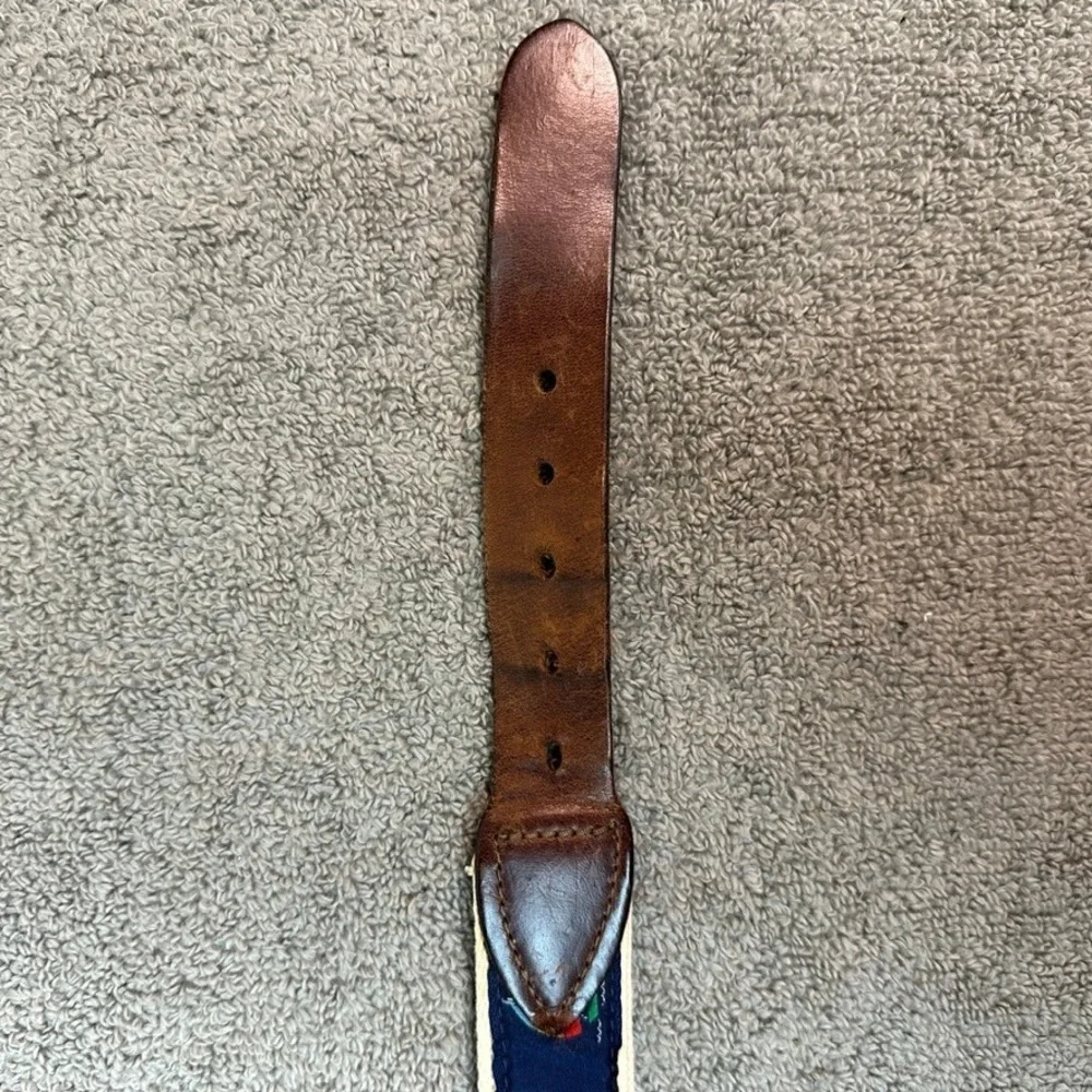Polo Ralph Lauren Canvas Leather Belt Brown Cream Nautical Embroidered Men 38